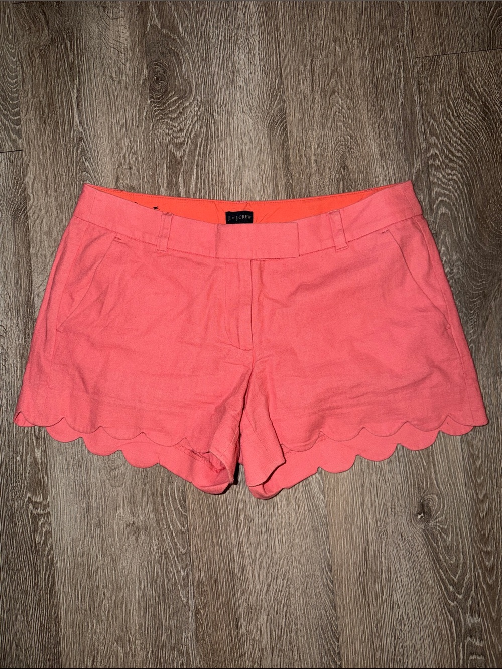 J. Crew Coral Scallop hem linen Cotton Blend Shorts casual vacation summer